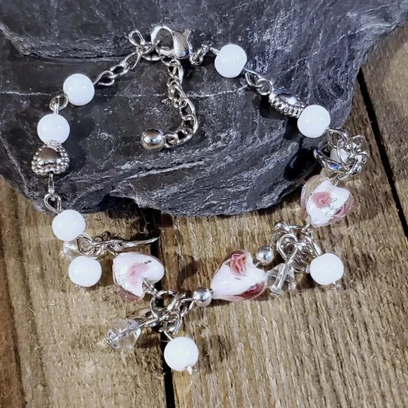 Vintage Murano Glass Beads White Silver Charm Bracelet Style H - Picture 3 of 5